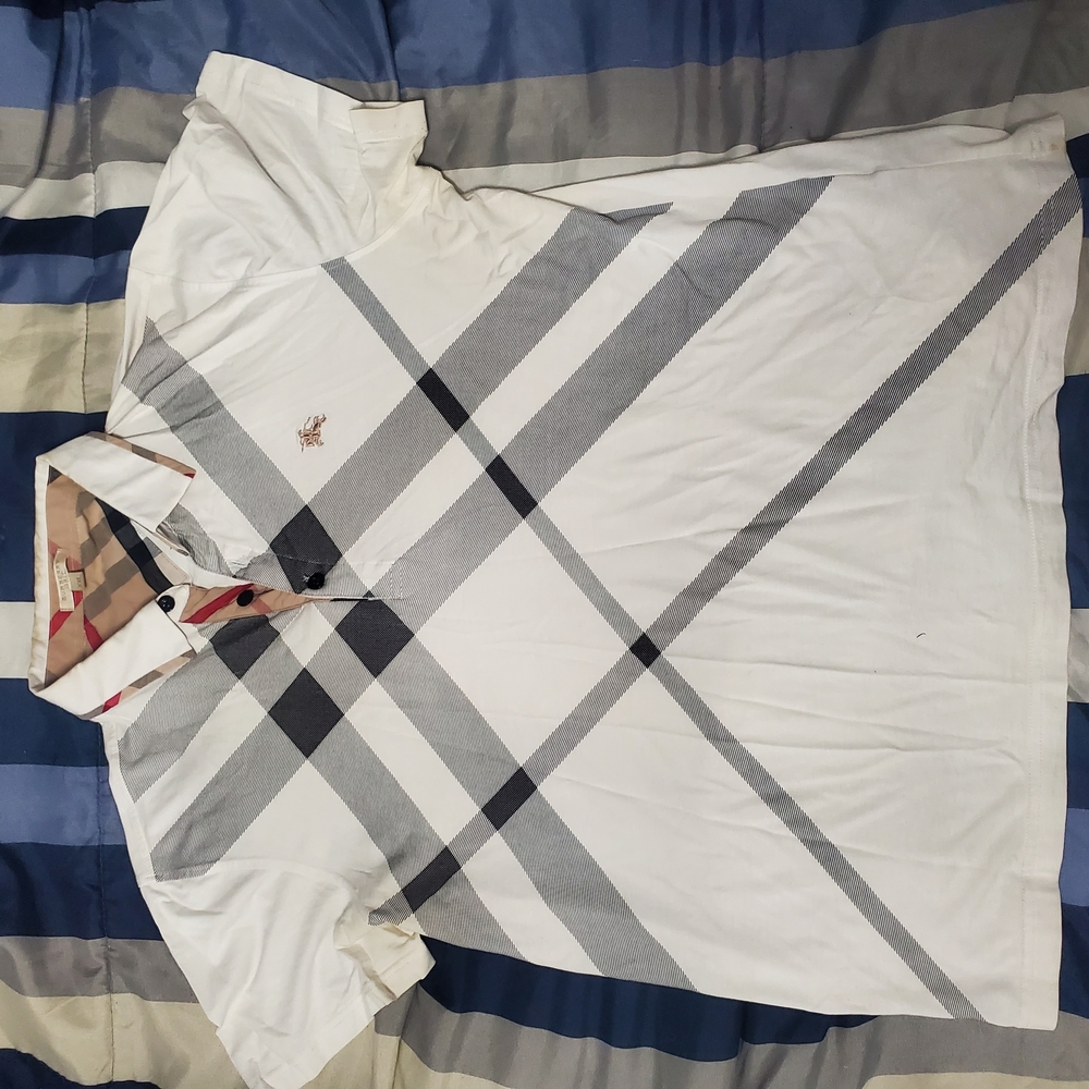 Large Men's White Burberry Plaid Polo Shirt